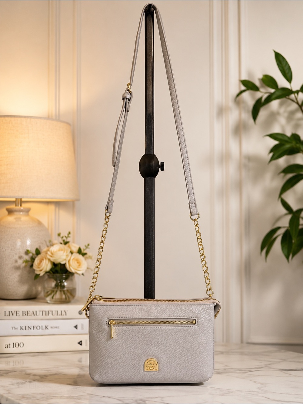 House of Harlow 1960 Light Gray Pebbled Faux Leather Crossbody Bag